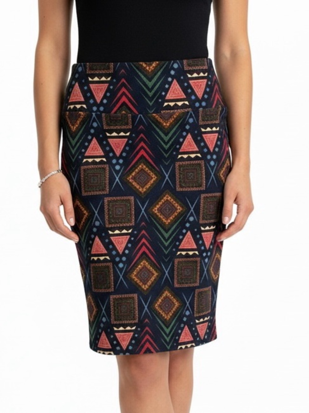 LuLaRoe Navy Pencil Skirt with Multicolor Geometric Print